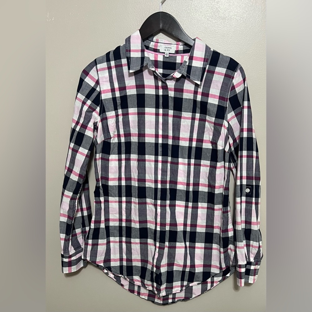 Crown and Ivy button down plaid long sleeve invisible button shirt Size Med